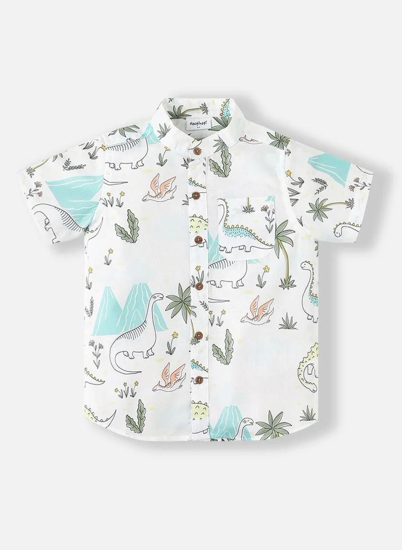 Nautinati  Boys' Cotton-Linen Blend All-over Dino Print Shirt & Shorts Co-ord Set for Men | Best Price UAE